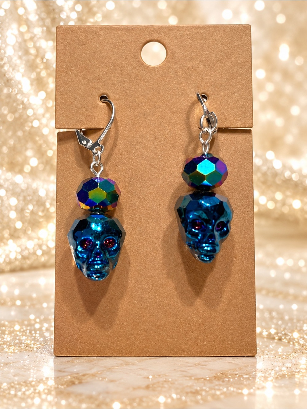 Blue Iridescent Skull Drop Earrings